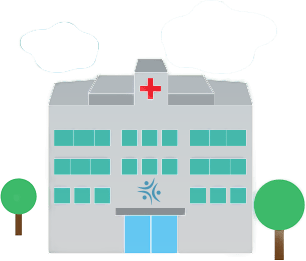 Hospital with 2 clouds and 2 trees.