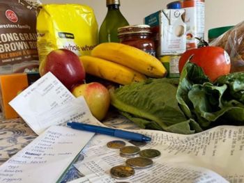 A counter covered in general shopping items