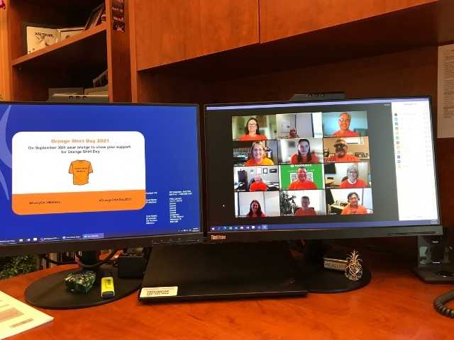 left side of images has computer screen with osd background and right side has people wearing orange shirts on zoom call