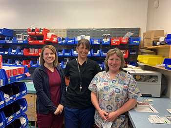 L-R: Jennifer Tran, Kelly Sache, Dinah Draxel in the Bulkley Valley District Hospital pharmacy.