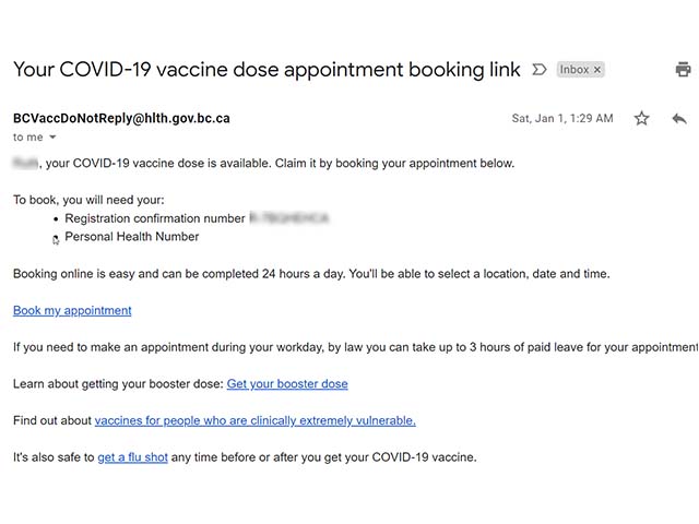 screen shot of the email sent by bc gov when its time to book your booster appointment