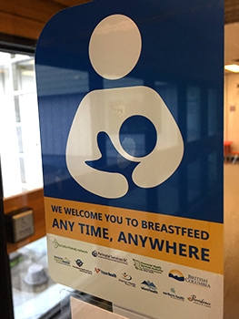 Breastfeeding decal that reads "we welcome you to breastfeed, anytime, anywhere"