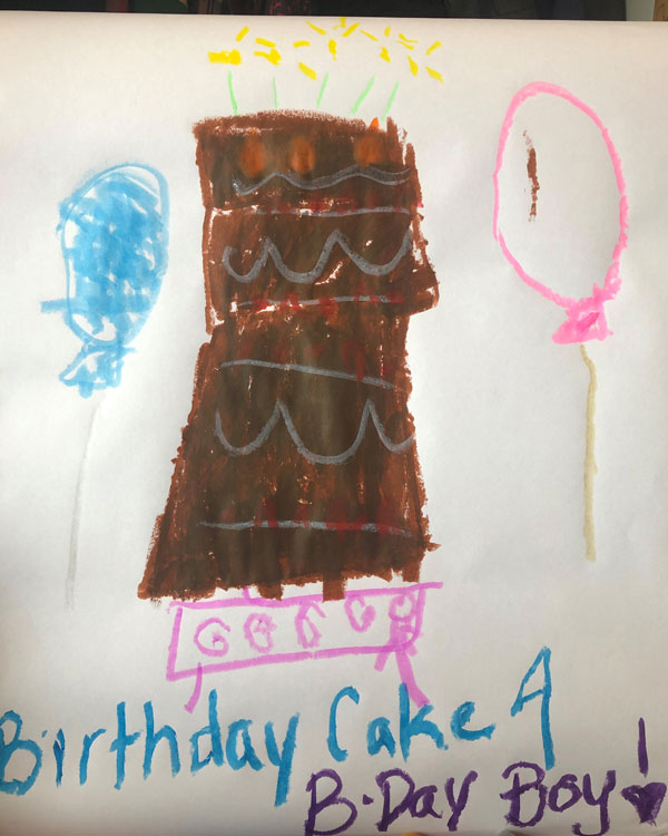A homemade poster with a child's drawing of two-tier chocolate cake and balloons says, "Birthday cake, 4." and "B-Day Boy!" 