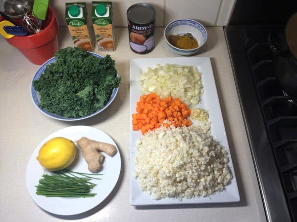 The ingredients for Curried Cauliflower Kale Soup.