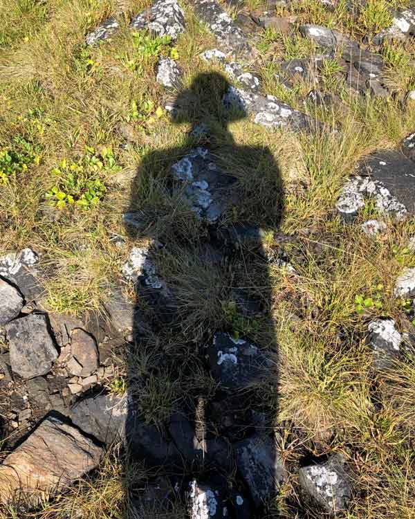 The shadow of a standing person on grass and rocks.