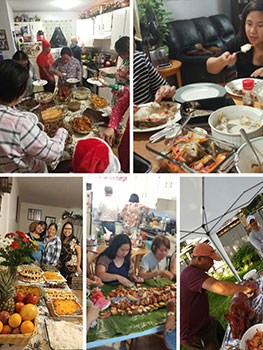 Collage of 5 photos showing families eating together.