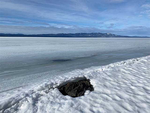 stuart lake in march - covered in ice and not safe to walk on 