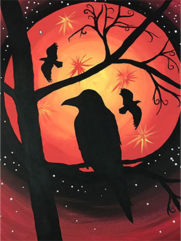 Silhouettes of crows and a tree against a red, orange and black background and stars around the edge