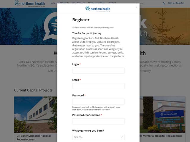 screen shot of the registration form from Lets Talk Website
