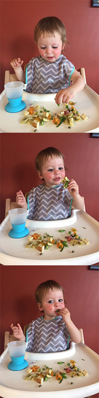 Series of 3 images showing a child in their highchair eating healthy fruit and vegetables.