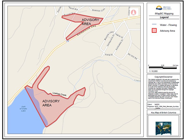 Map of Jack of clubs tailings and visitor centre shorelines advisory areas