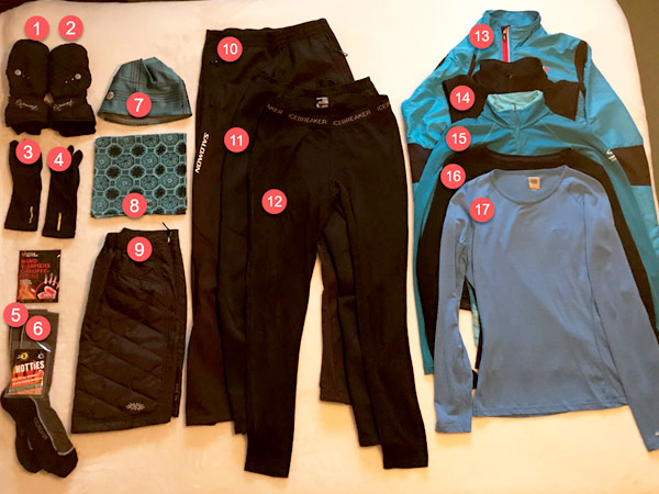 Cold-weather active wear is laid out on a bed. 