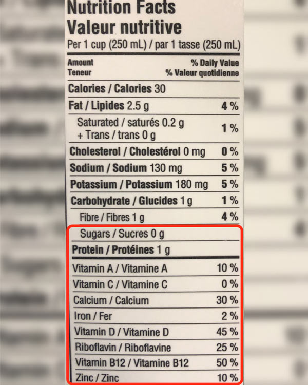 The nutritional facts from the back of a plant-based beverage carton.  