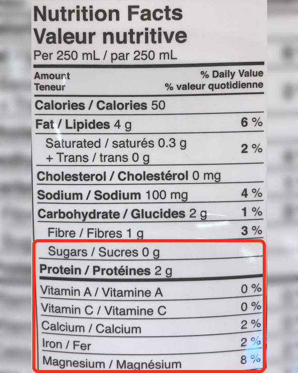 The nutritional facts from the back of a plant-based beverage carton.  