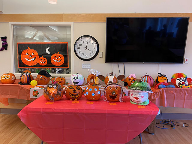 Decorated pumpkins on a table