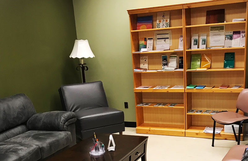 A chair and couch sit next to a book shelf with pamphlets on it. 