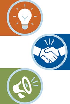 graphic with three icons: light bulk, hand shake, megaphone