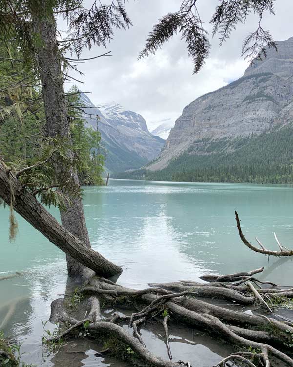 Moutains loom behind a calm body of turquoise water. 