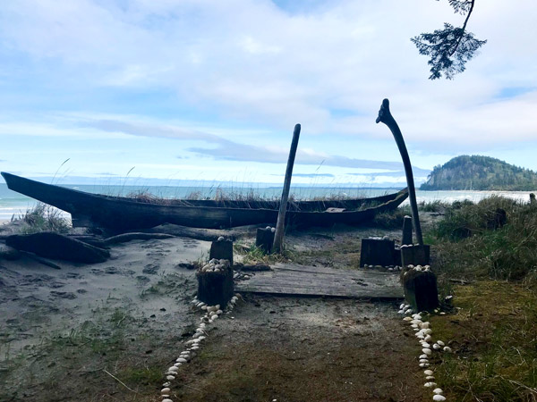 Grass grows out of an old wooden boat on the beach. 