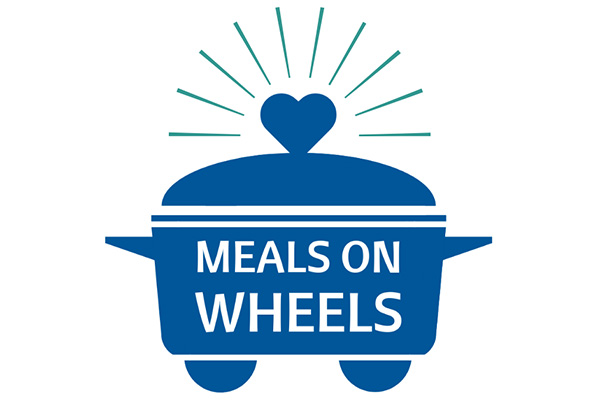 logo with Meals on Wheels against a blue pot.