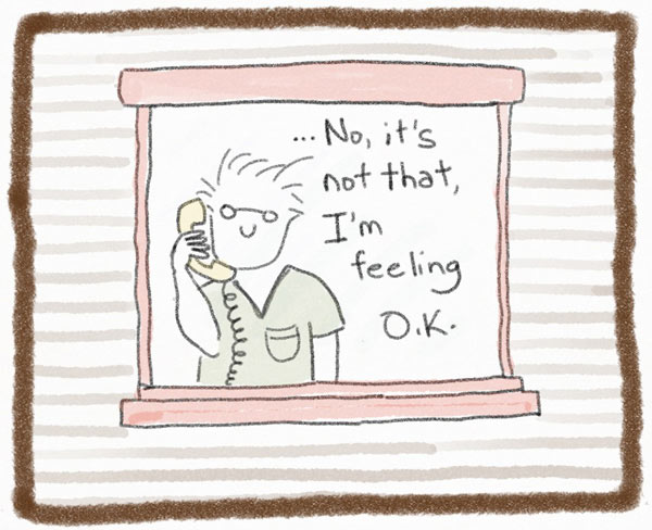 A comic strip graphic of a man in a window talking on the phone.