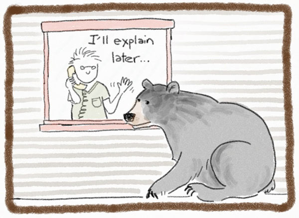 A comic strip graphic of a man in a window talking on the phone waving at a bear outside.