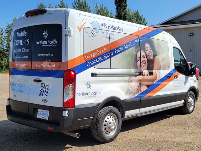 a NH van with happy people on it and vaccine information 