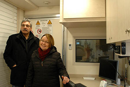 Mike Morris and Shirley Bond in mobile MRI unit