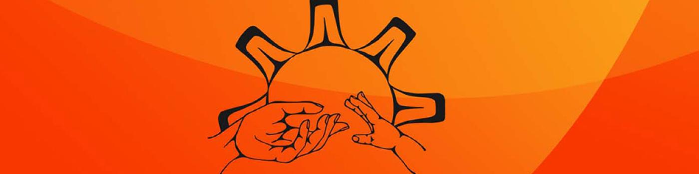 Orange gradient background with a line drawing of a sun and an adult hand reaching to a childs hand