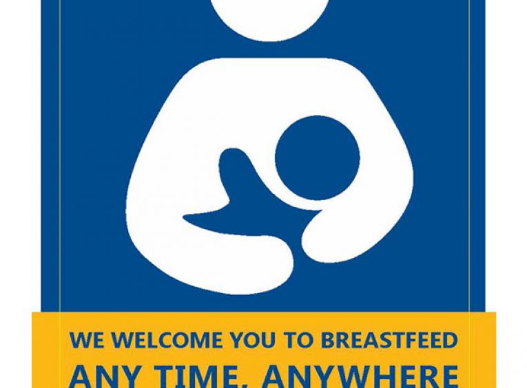 The Breastfeeding-Friendly Spaces decal is pictured. It features a blue and white graphic of a mother and child breastfeeding and includes the text: "We welcome you to breastfeed any time, anywhere."
