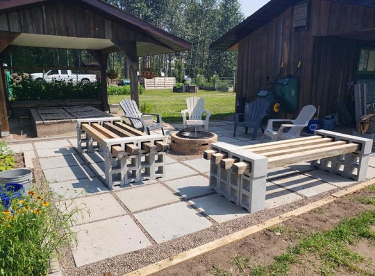 The courtyard and fire pit at the Burns Lake Community Garden.