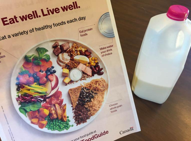 The Canada's Food Guide and a jug of milk.