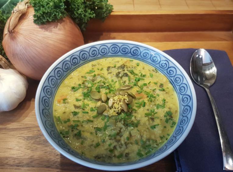 Bowl of Curried Cauliflower Kale Soup