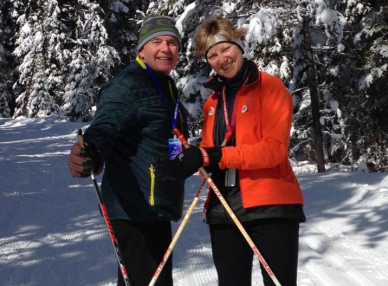 Dr Knoll cross country skiing with her husband.