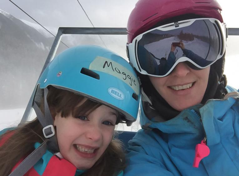 Gillian and her oldest daughter, Maggie (8), skiing at Shames Mountain.