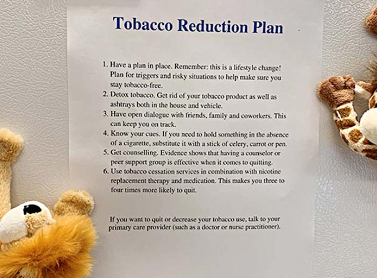 A paper entitled tobacco reduction plan held by magnets to a fridge.
