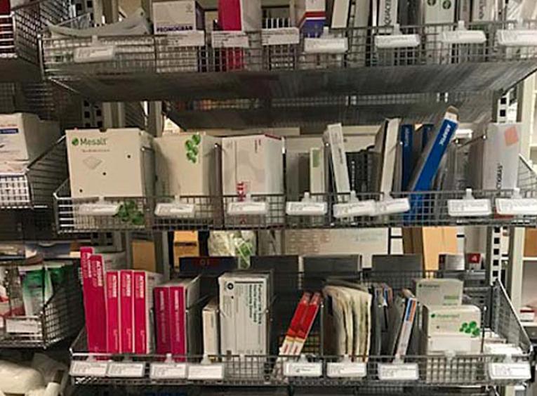 Shelves of medical supplies at the Terrace Health Unit.