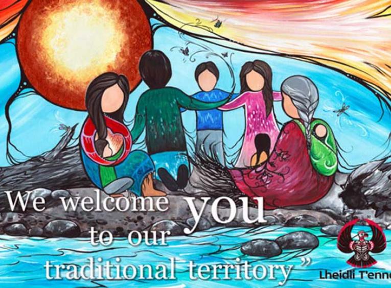 A picture of the welcome sign, which reads, "We welcome you to our traditional territory." The Lheidli T'enneh logo is in the bottom right. The image is of faceless-yet-friendly people, painted with bright, vibrant colours.