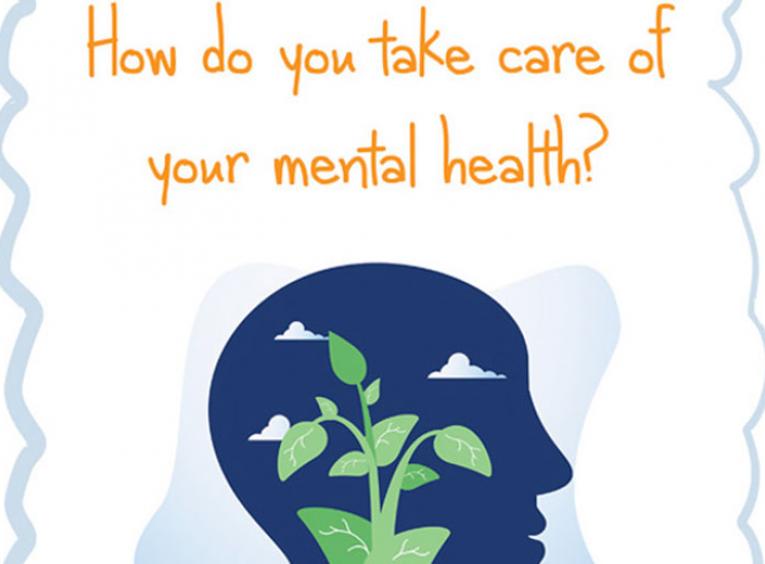 One of the graphics used during the Youth Mental Health campaign. This one says, "How do you take care of your mental health?" There is a silhouette of the side view of a head with a plant growing in it.