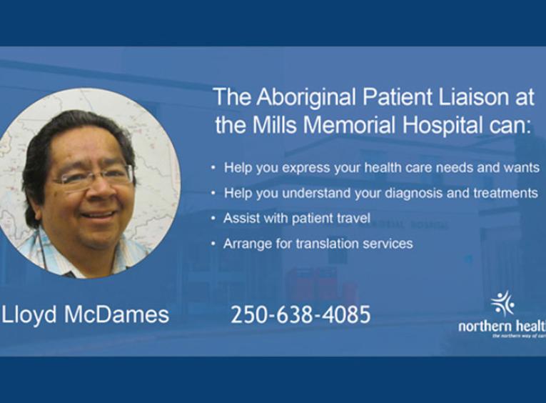 Lloyd McDames smiles at the camera. Text highlights what Llyod, an Aboriginal Patient Liason at Mills Memorial.