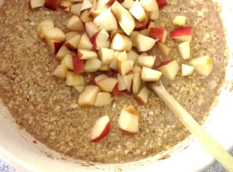 Bowl of oatmeal with chopped apples.