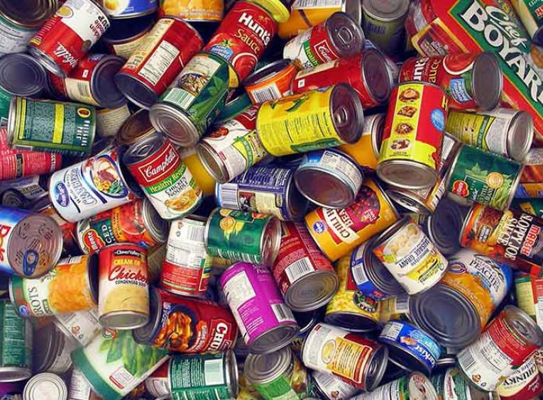 Pile of of canned foods.