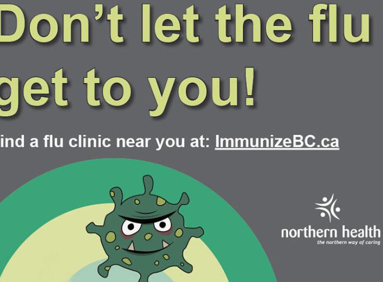 A graphic stating, "Don't let the00000000 flu get to you! Find a flu clinic near you at immunizebc.ca.