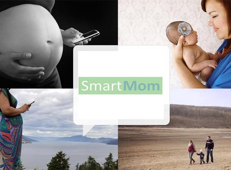 SmartMom collage depicting a pregnant belly, a lady holding a newborn, someone kissing a newborn, and a family of three walking at a distance.