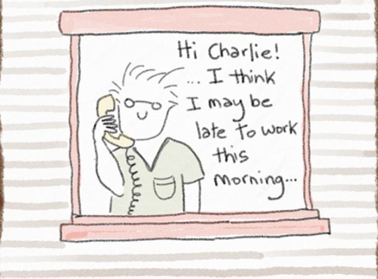 A comic strip graphic of a man in a window talking on the phone.