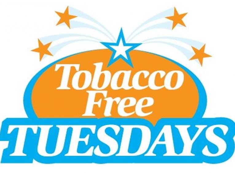 Orange and blue graphic stating Tobacco Free Tuesdays