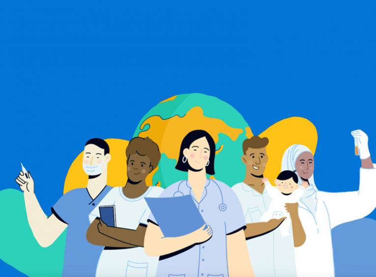 A drawing of health practitioners in front of a globe. (Image credit: World Health Organization)