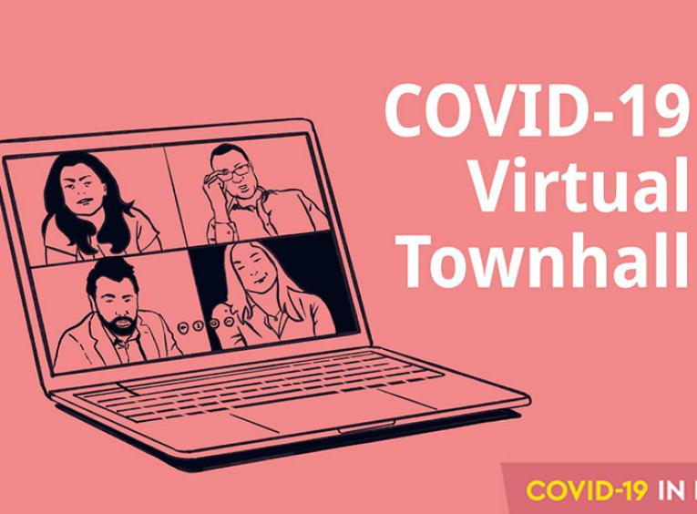 A graphic promotes a COVID-19 virtual townhall and shows an image of people chatting on a laptop screen.