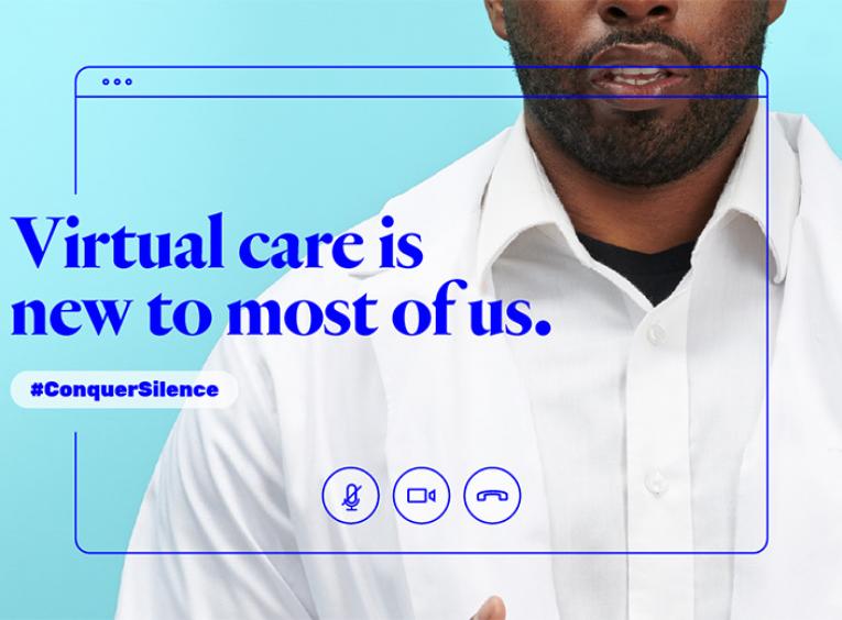 Text that says "Virtual care is new to most of us" overlaid on an image of a man.