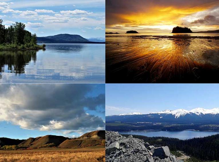 A collage of 4 photos showing a lake, ocean, mountain and plains view.